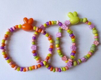 Stretch Birthday Gift Turquoise Bead with Ears Plus Companion Bracelet Set of 2- Bunny Ears Bracelet Set Child Size 3 Years