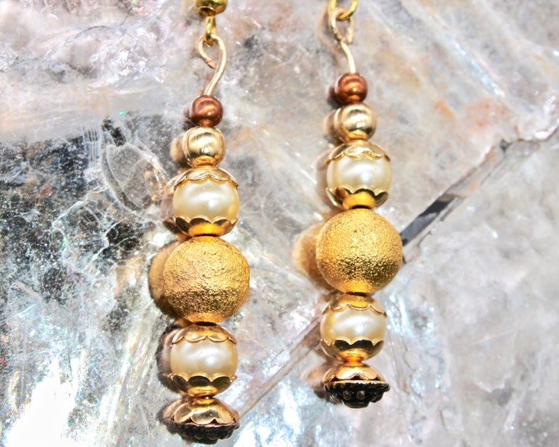 beaded earrings dangle earrings faux pearl /& golden beads decorative head pins gold plated ear wires,Golden Stardust drop earrings