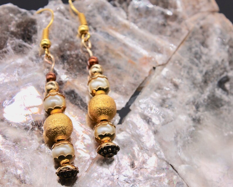 beaded earrings dangle earrings faux pearl /& golden beads decorative head pins gold plated ear wires,Golden Stardust drop earrings