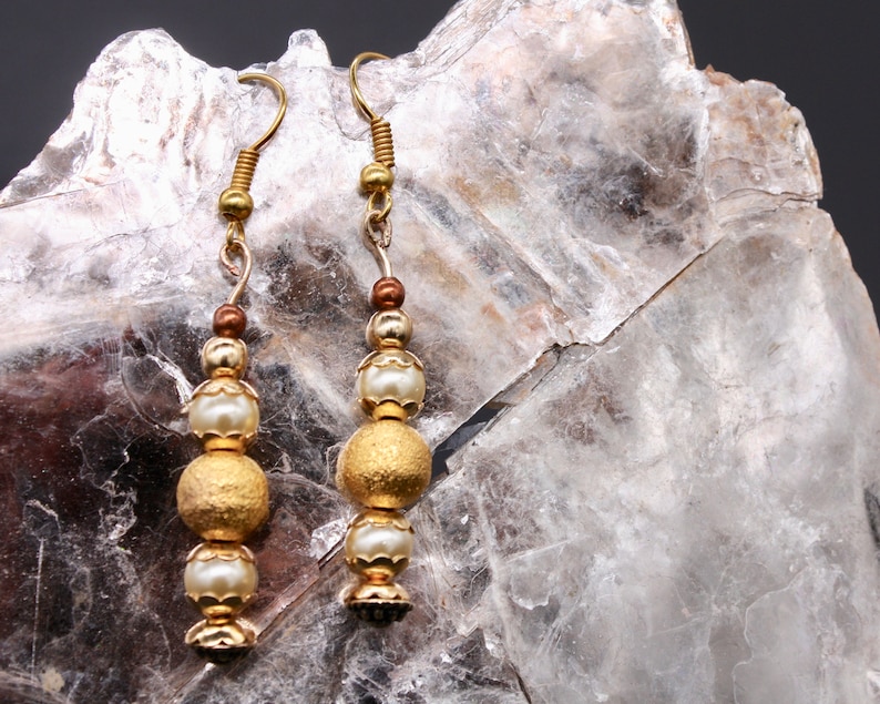 beaded earrings dangle earrings faux pearl /& golden beads decorative head pins gold plated ear wires,Golden Stardust drop earrings