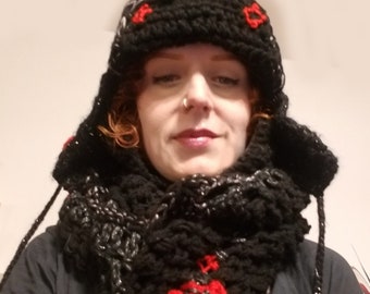 Cappellino da donna e scialle eleganti doppie "orecchie" retrò, all'uncinetto a mano