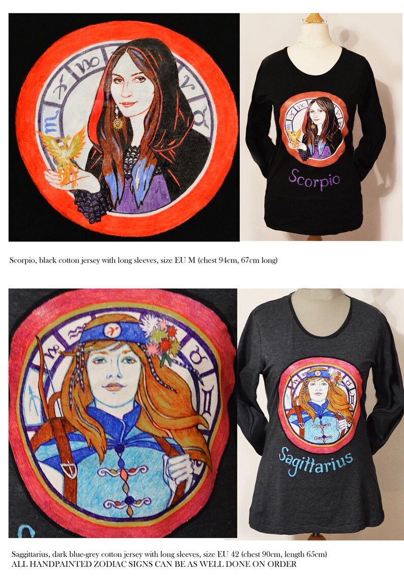 Puede incluir: Camisetas de manga larga de algod&oacute;n negro y gris oscuro. Cada camiseta presenta una ilustraci&oacute;n de signo zodiacal pintada a mano dentro de un c&iacute;rculo rojo. La camiseta de Escorpio es negra y la de Sagitario es gris oscuro.