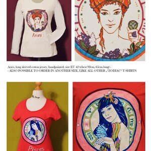 Puede incluir: Camiseta de manga larga de punto de algod&oacute;n blanco con un dise&ntilde;o del zodiaco Aries. El dise&ntilde;o presenta una ilustraci&oacute;n pintada a mano de una mujer pelirroja dentro de un marco circular. La camiseta es de la talla EU 42, con un contorno de pecho de 92 cm y una longitud de 65 cm.
