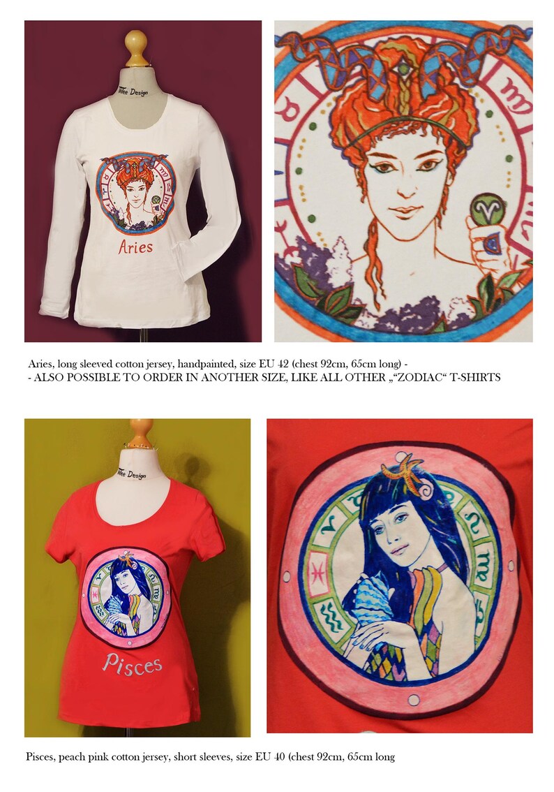 Puede incluir: Camiseta de manga larga de punto de algod&oacute;n blanco con un dise&ntilde;o del zodiaco Aries. El dise&ntilde;o presenta una ilustraci&oacute;n pintada a mano de una mujer pelirroja dentro de un marco circular. La camiseta es de la talla EU 42, con un contorno de pecho de 92 cm y una longitud de 65 cm.
