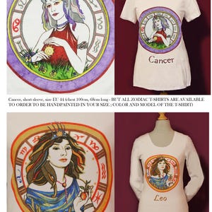 Puede incluir: Camisetas blancas con dise&ntilde;os de zodiaco pintados a mano. Una camiseta presenta una ilustraci&oacute;n de C&aacute;ncer, la otra un dise&ntilde;o de Leo. La camiseta de C&aacute;ncer tiene manga corta, mientras que la de Leo tiene manga larga. Ambas tienen un s&iacute;mbolo zodiacal circular.