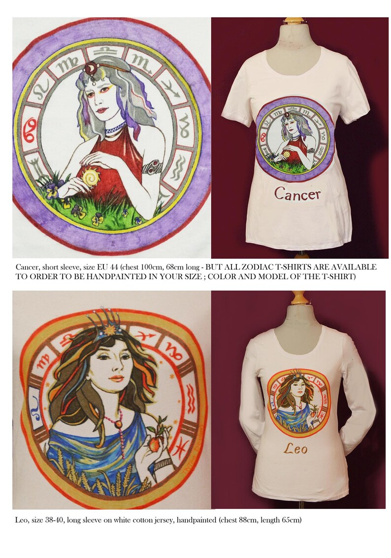 Puede incluir: Camisetas blancas con dise&ntilde;os de zodiaco pintados a mano. Una camiseta presenta una ilustraci&oacute;n de C&aacute;ncer, la otra un dise&ntilde;o de Leo. La camiseta de C&aacute;ncer tiene manga corta, mientras que la de Leo tiene manga larga. Ambas tienen un s&iacute;mbolo zodiacal circular.