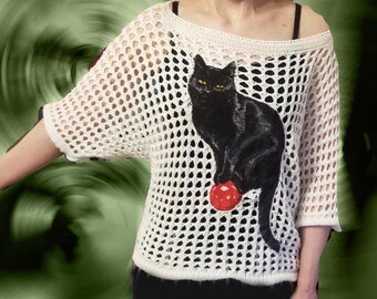 Mesh-Pullover eine Schulter handbemalt