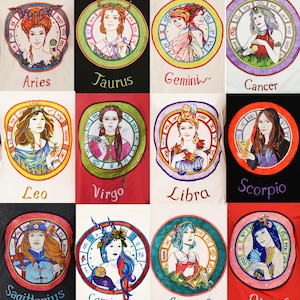 Puede incluir: Una colecci&oacute;n de camisetas blancas, cada una con una ilustraci&oacute;n del signo zodiacal. Los dise&ntilde;os coloridos incluyen Aries, Tauro, G&eacute;minis, C&aacute;ncer, Leo, Virgo, Libra, Escorpio, Sagitario, Capricornio, Acuario y Piscis.