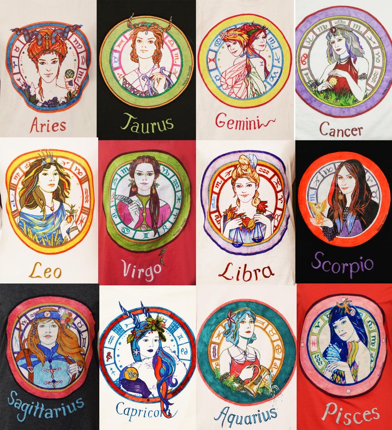 Puede incluir: Una colecci&oacute;n de camisetas blancas, cada una con una ilustraci&oacute;n del signo zodiacal. Los dise&ntilde;os coloridos incluyen Aries, Tauro, G&eacute;minis, C&aacute;ncer, Leo, Virgo, Libra, Escorpio, Sagitario, Capricornio, Acuario y Piscis.