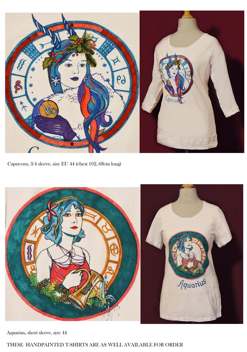 Puede incluir: Camisetas blancas con dise&ntilde;os de zodiaco pintados a mano. Una camiseta presenta una ilustraci&oacute;n de Capricornio con detalles azules y rojos, y la otra muestra un dise&ntilde;o de Acuario. Las camisetas se exhiben en maniqu&iacute;es.