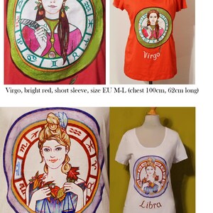 Puede incluir: Camisetas rojas y blancas con ilustraciones de signos del zodiaco. Una camiseta muestra "Virgo" con una mujer en un dise&ntilde;o circular. Otra muestra "Libra". Ambas camisetas tienen mangas cortas.