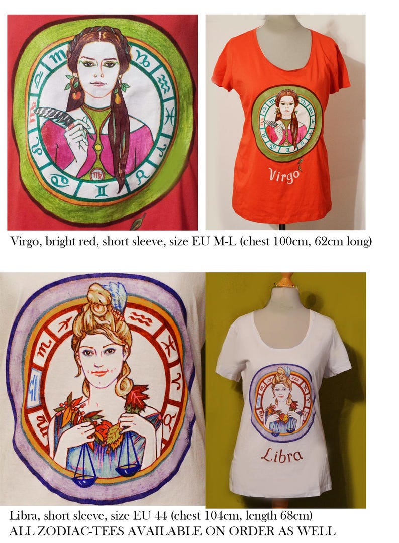 Puede incluir: Camisetas rojas y blancas con ilustraciones de signos del zodiaco. Una camiseta muestra "Virgo" con una mujer en un dise&ntilde;o circular. Otra muestra "Libra". Ambas camisetas tienen mangas cortas.