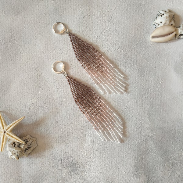 Long coffee white ombre earrings Gradient seed beaded earrings with fringes Native american style earrings Beaded peyote chandelier bijoux