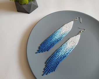 Blue seed bead earrings Long fringe earrings Dangle gradient earrings Dark blue white ombre earrings Denim beaded earrings