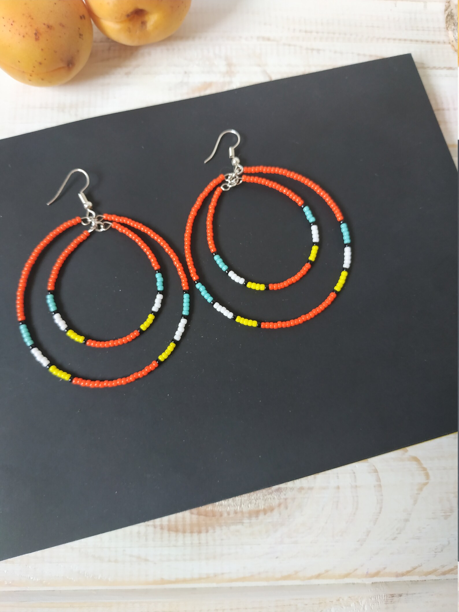 Large Beaded Hoop Earrings Orange Double Hoops Turquoise Hoop Etsy