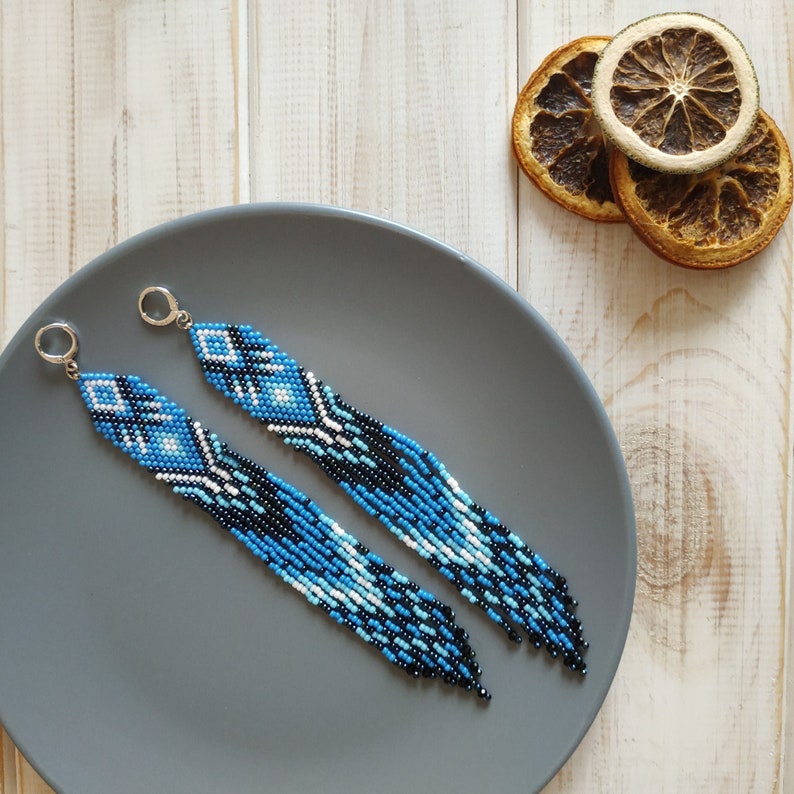 Dark Blue Seed Bead Earrings Super Long Beaded Earrings - Etsy