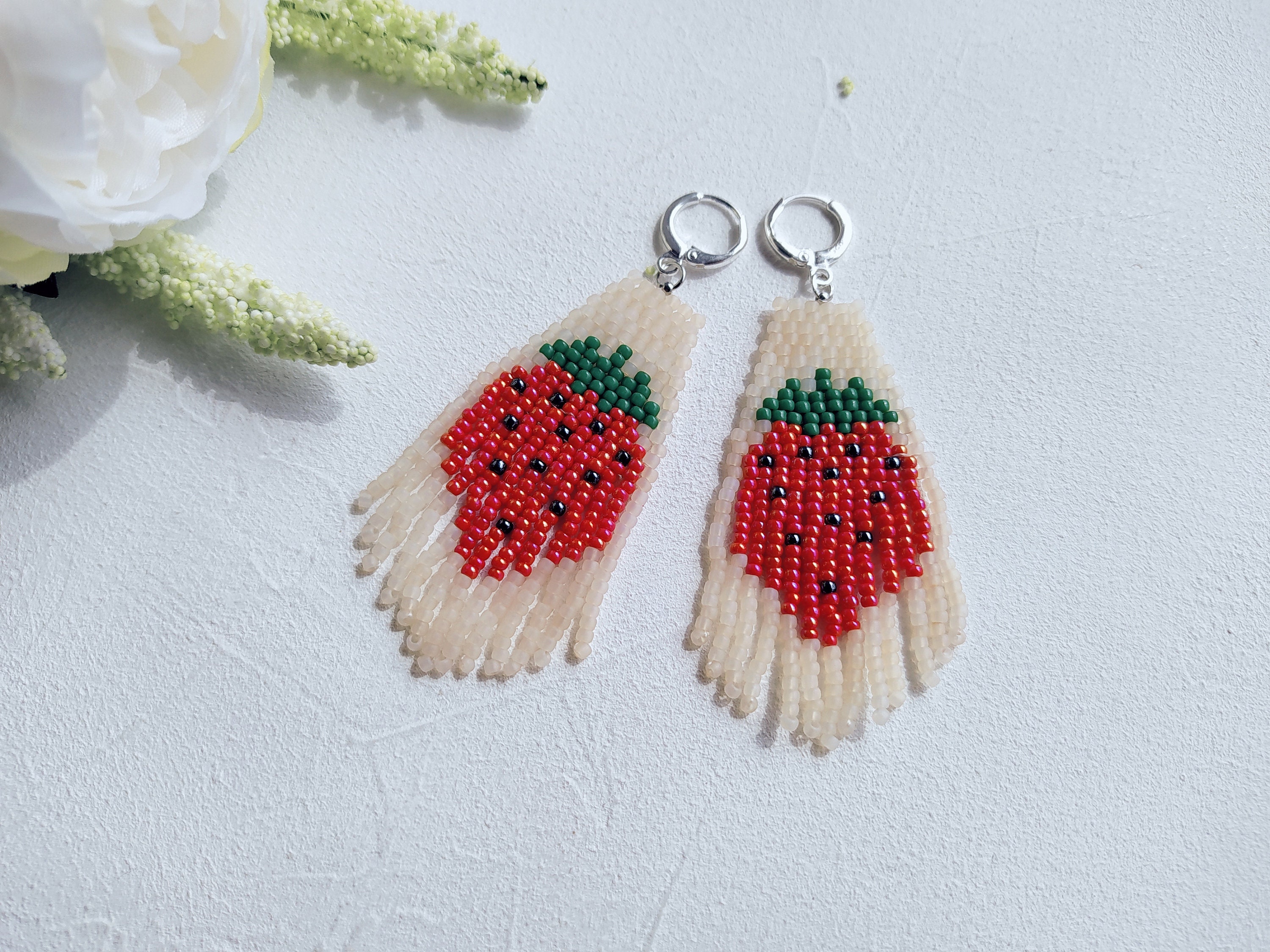 Strawberry earrings Fruit dangle earrings Fringe beaded Etsy