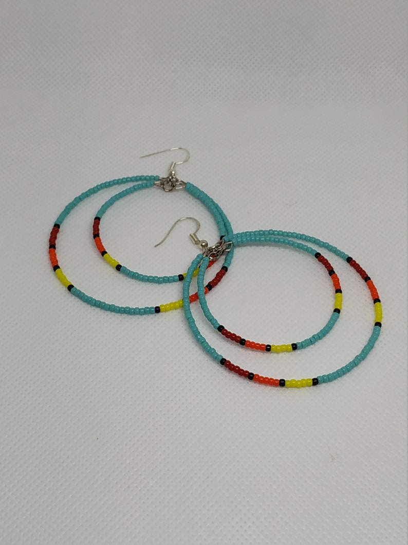 Handcrafted Beaded Chandelier Hook Earrings - Orange, Turquoise, Blue, Yellow Czech Glass (3.5 Inches)