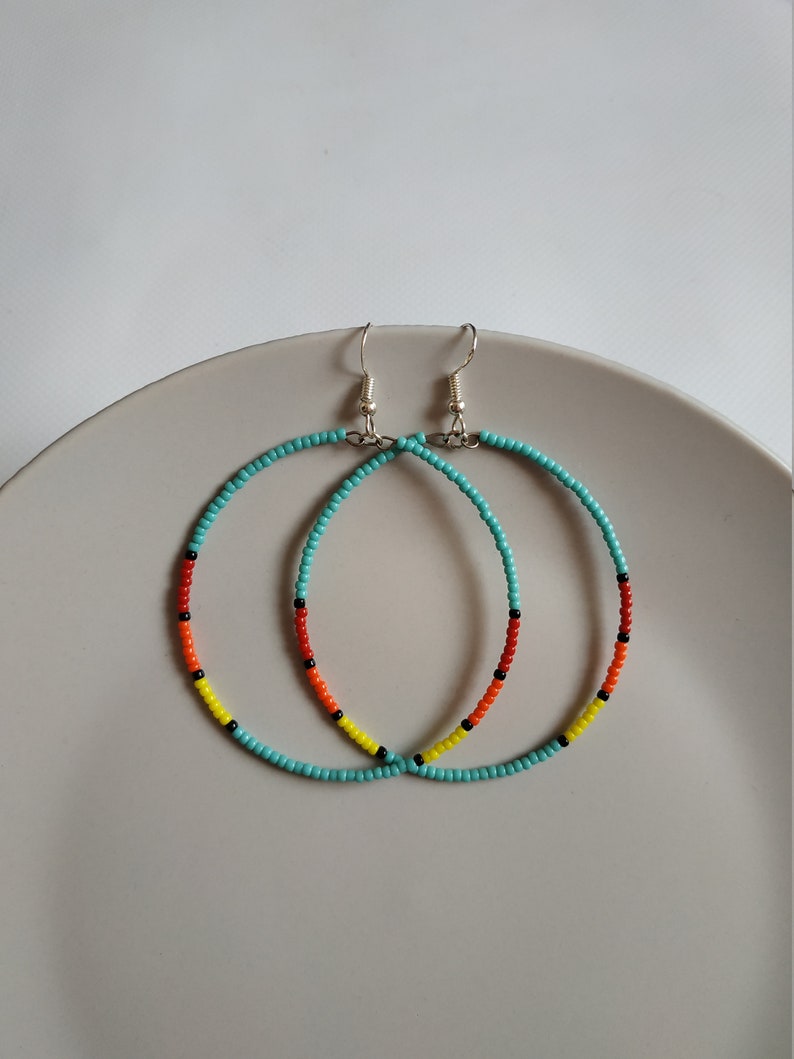 Turquoise Beaded Hoop Earrings Large Seed Bead Hoop Ethnic - Etsy