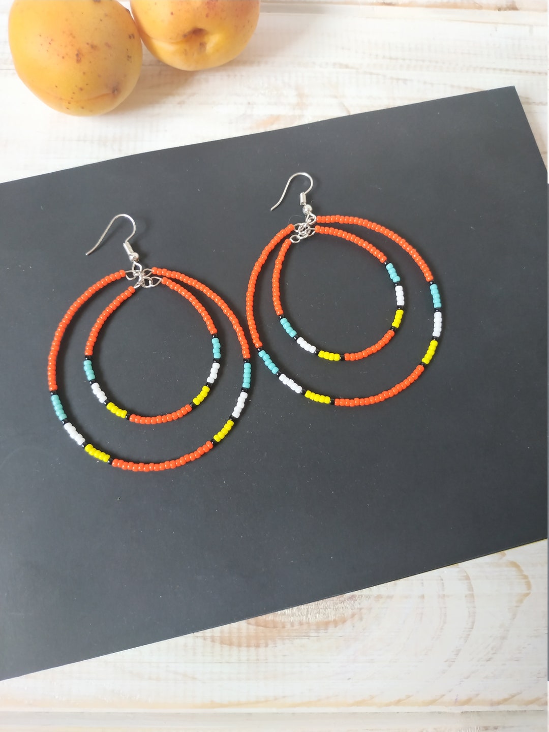 Large Beaded Hoop Earrings Orange Double Hoops Turquoise Hoop Earrings Circle Earrings