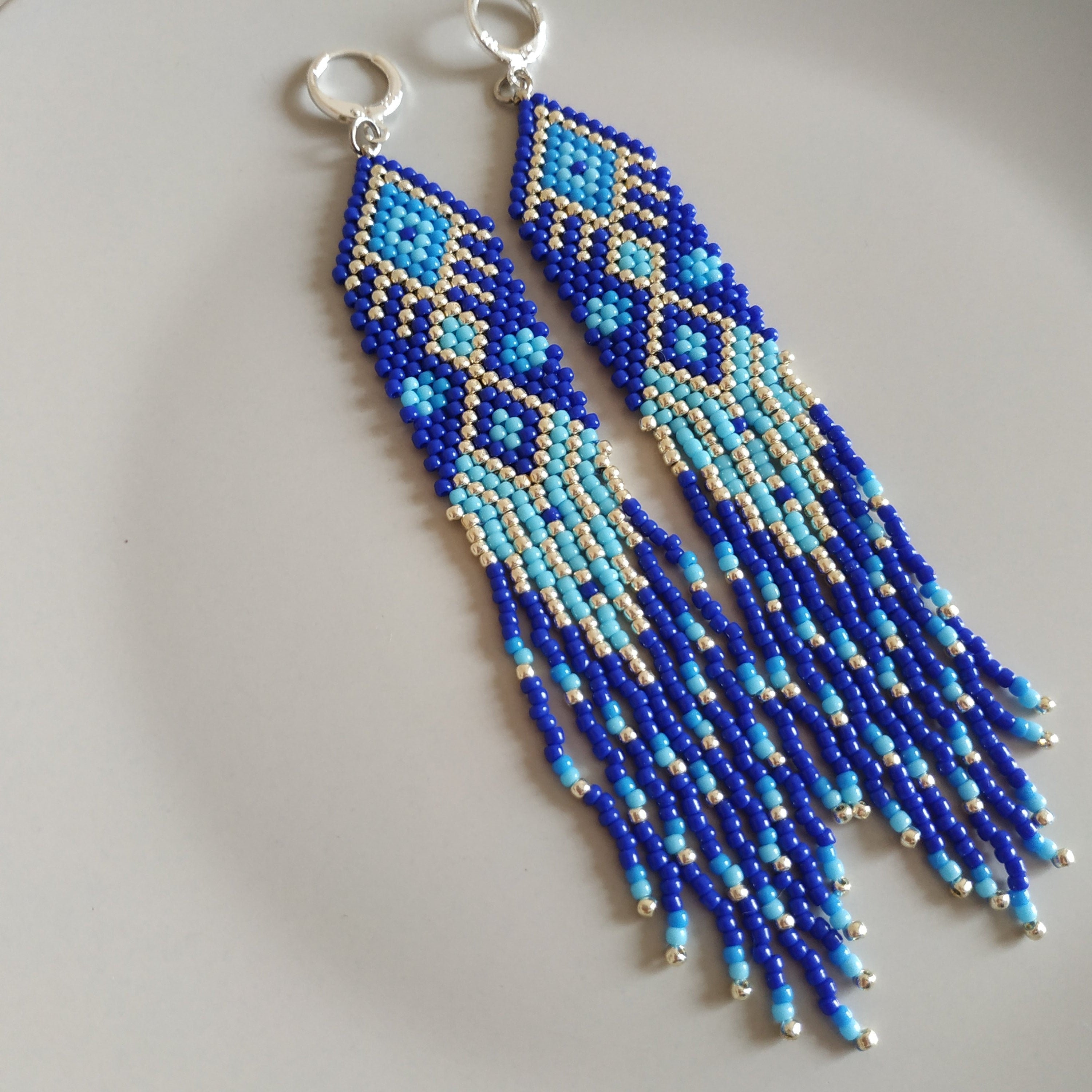 Blue beaded earrings. Long ornamental seed bead earrings. | Etsy
