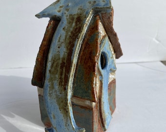 Hand built, textured, Blue Arrow Ceramic Birdhouse with bead glaze.