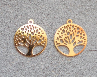 10x filigree tree of life pendants made of stainless steel, 15 mm in gold, 18 carat real gold-plated, tree of life, jewelry accessories,