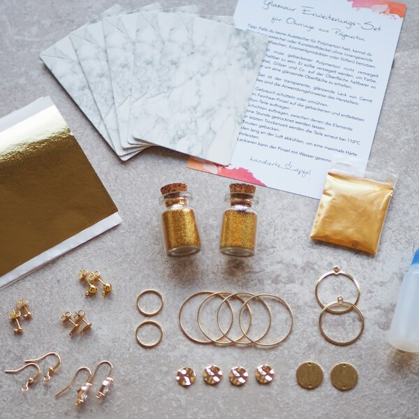 Kit DIY : Kit supplémentaire boucles d'oreilles FIMO "Glamour" avec paillettes, feuilles d'or, poudre de mica, pâte polymère et bien plus encore, réalisez vos propres bijoux en pâte polymère