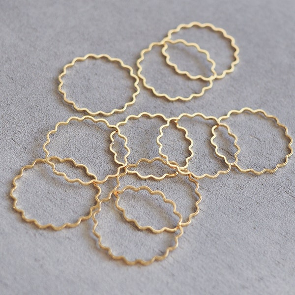 10 anneaux ondulés fleurs, plaqué or véritable 18 carats, 25 mm, pendentif connecteur circulaire, cercle d'anneaux en laiton, accessoires bijoux
