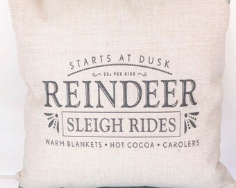 Reindeer Sleigh Rides Linen Pillow Cover - Farmhouse Christmas Decor