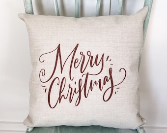 Merry Christmas Linen Pillow Cover - Rustic Farmhouse Decor