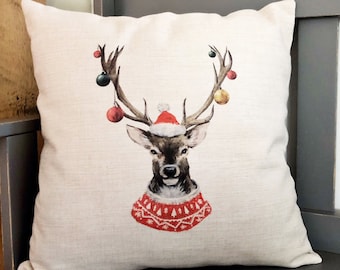 Reindeer Christmas Sweater Pillow Cover - Farmhouse Linen