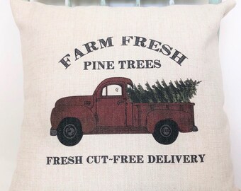 Rustic Christmas Truck Pillow Cover: Farm Fresh Linen Decor