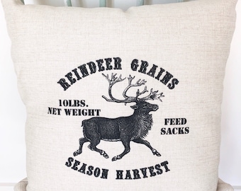 Vintage Reindeer Linen Pillow Cover - Farmhouse Christmas Decor
