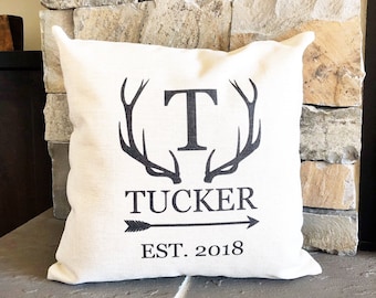 Monogrammed Antler Pillow: Personalized Linen Cabin Decor