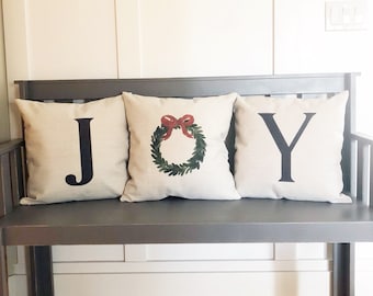 JOY Christmas Pillow Cover Set: Linen Farmhouse Wreath Decor