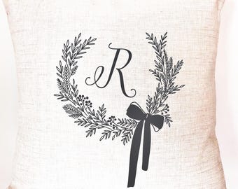 Monogram Linen Pillow Cover - Personalized Initial Throw Pillow, Rustic Decor