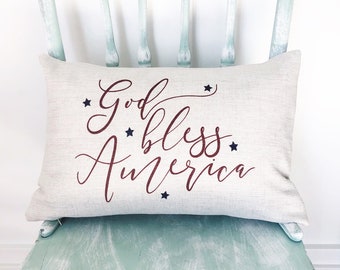 God Bless America Linen Pillow Cover - Rustic Farmhouse 4th of July Decor
