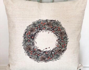 Christmas Berry Wreath Pillow Cover: Farmhouse Linen Holiday Decor