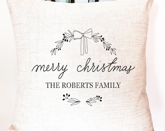 Personalized Family Name Christmas Pillow Cover: Linen Neighbor Gift