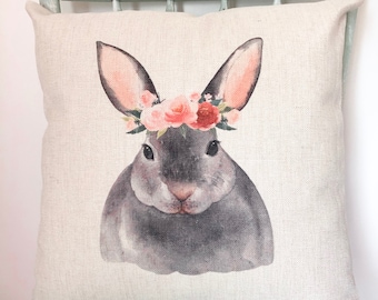 Capa de almofada de linho com coelho da Páscoa: decoração de coroa floral de primavera