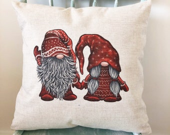 Funda de cojín de lino con diseño de gnomos navideños - Decoración rústica de granja