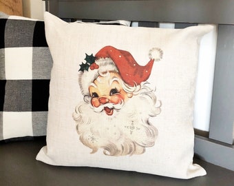 Vintage Santa Linen Pillow Cover - Christmas Farmhouse Decor
