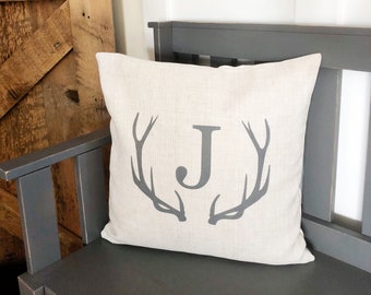 Monogram Antler Pillow: Personalized Linen Cabin Decor
