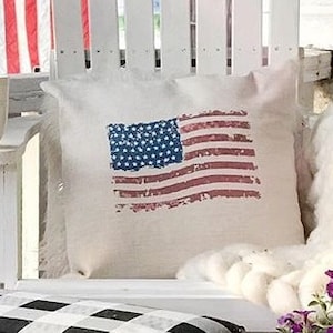American Flag Memorial Pillow Cover - Linen Pillow Cover - Farmhouse Decor - Farmhouse Pillow Covers Rustic Pillow Rustic Decor 4th of July
