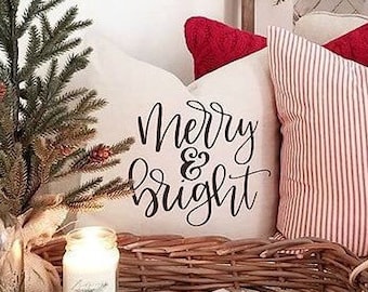 Merry and Bright Christmas Pillow Cover: Rustic Linen Farmhouse Decor