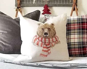 Christmas Bear Pillow Cover: Oatmeal Linen Farmhouse Decor