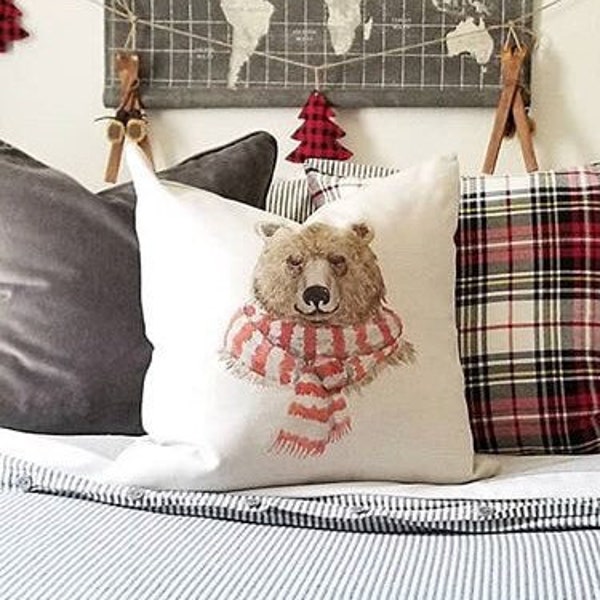 Bear Christmas Pillow Cover - Christmas Pillows - Christmas Bear Pillow Cover - Christmas Decorations Farmhouse Decor - Farmhouse Pillow