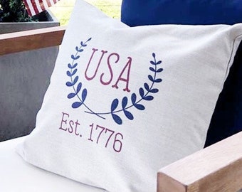 USA Patriotic Linen Pillow Cover: Farmhouse 4th of July Decor