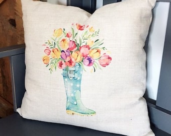 Farmhouse Flower Boot Pillow Cover: Rustic Linen Spring Decor